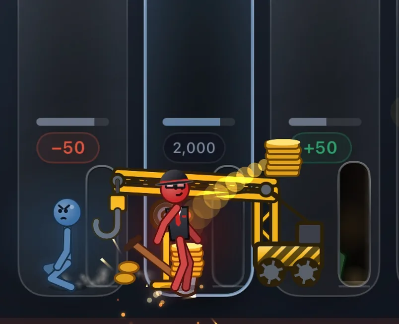 A tiny yellow crane hooks the leader's stick figure while gold coins stream across the board