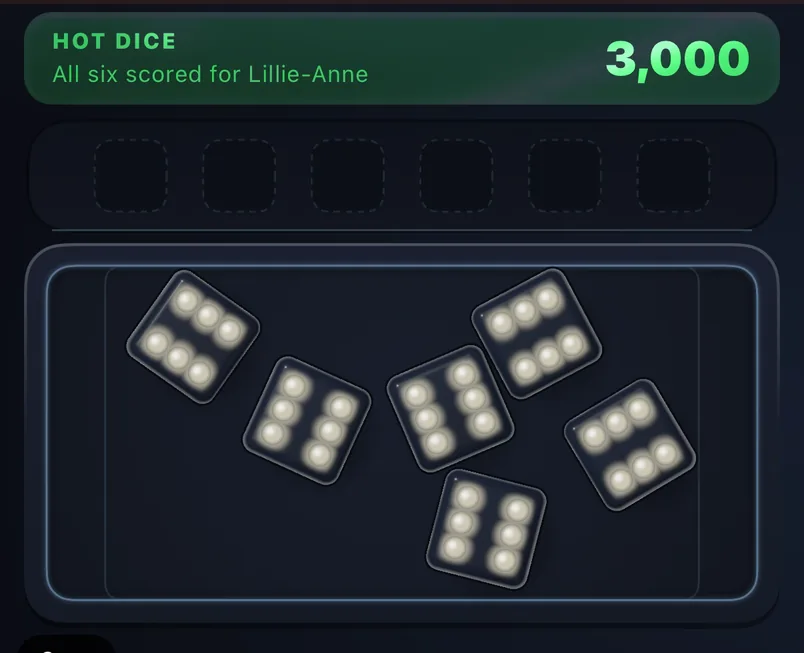 Six glowing 3D dice landed in the dice tray, all showing six, under a green Hot Dice banner worth 3,000