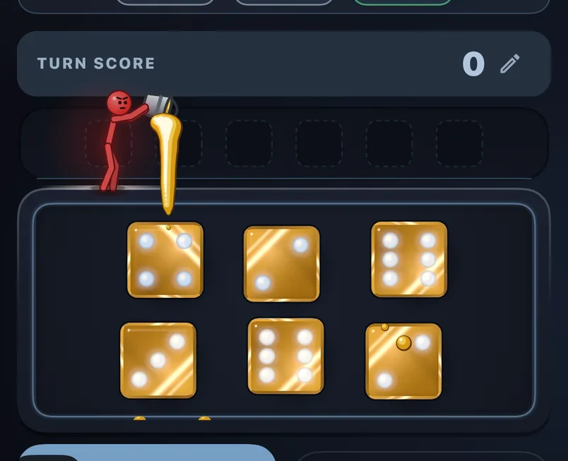 A stick figure pours molten gold from a bucket and the dice below turn to gold