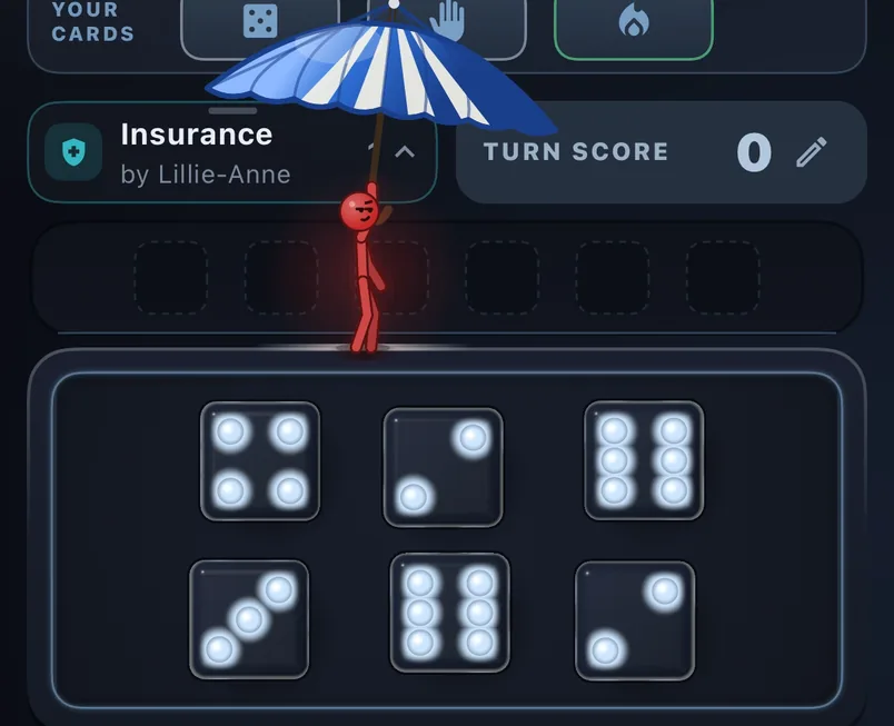 A blue-and-white striped umbrella held up by a stick figure over the dice tray