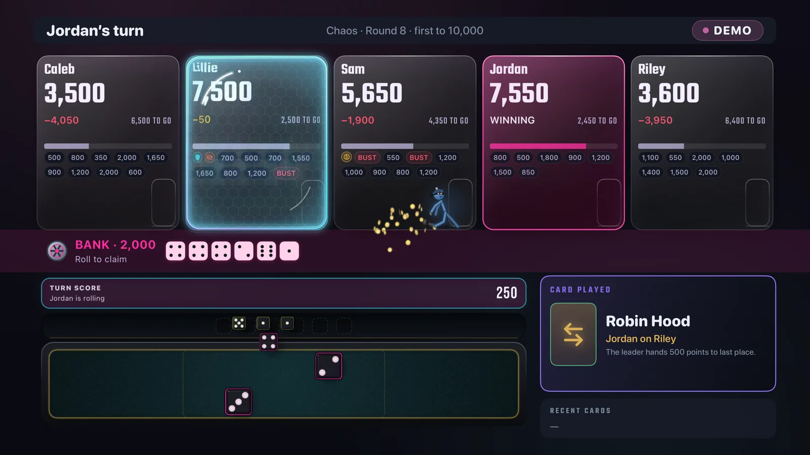 The Apple TV board: five player cards across the top, a stick figure tossing coins between cards, the dice tray below and a Card Played panel showing Robin Hood