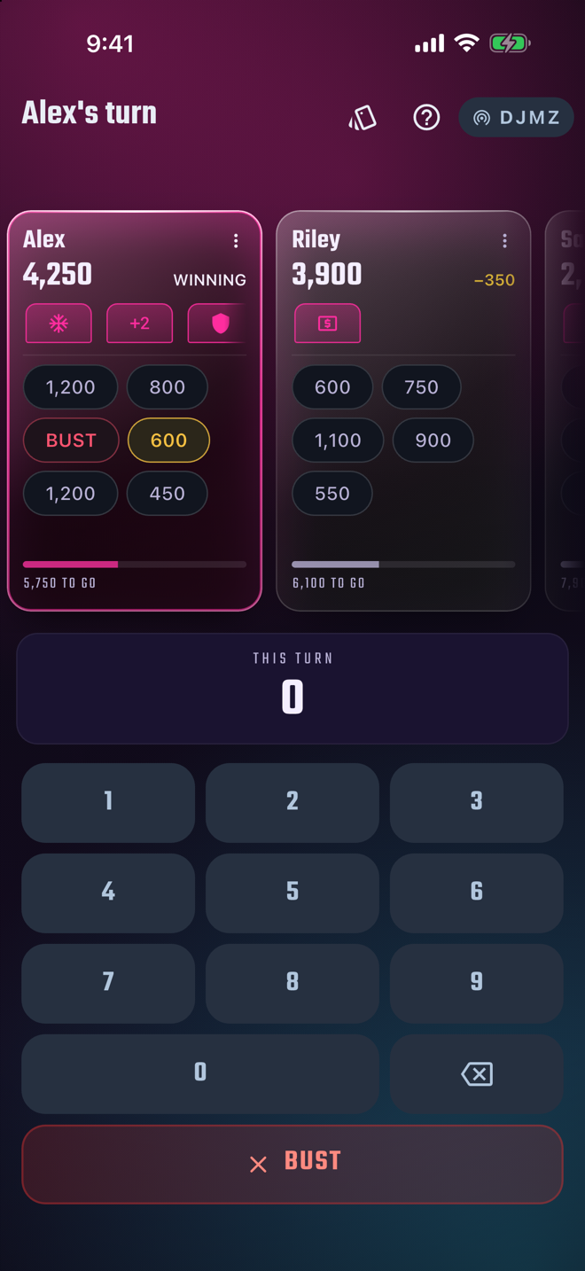 A Chaos game in the Neon look — each player's hand, a doubled turn in gold, and the numpad