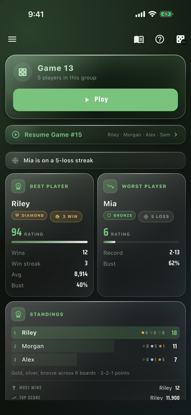 The home screen in the green accent — cards, labels and ground all tinted green