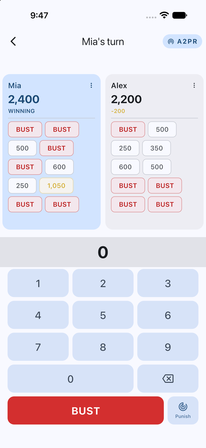 A live game — the scoreboard and the scoring numpad