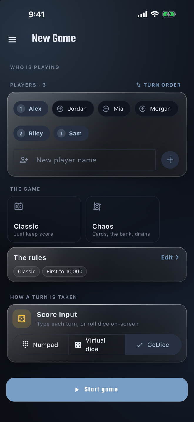 New Game with GoDice chosen as the way to score
