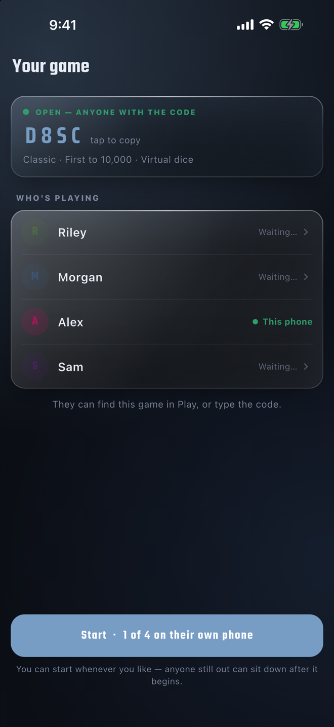 The waiting room — the game code and who is on each phone