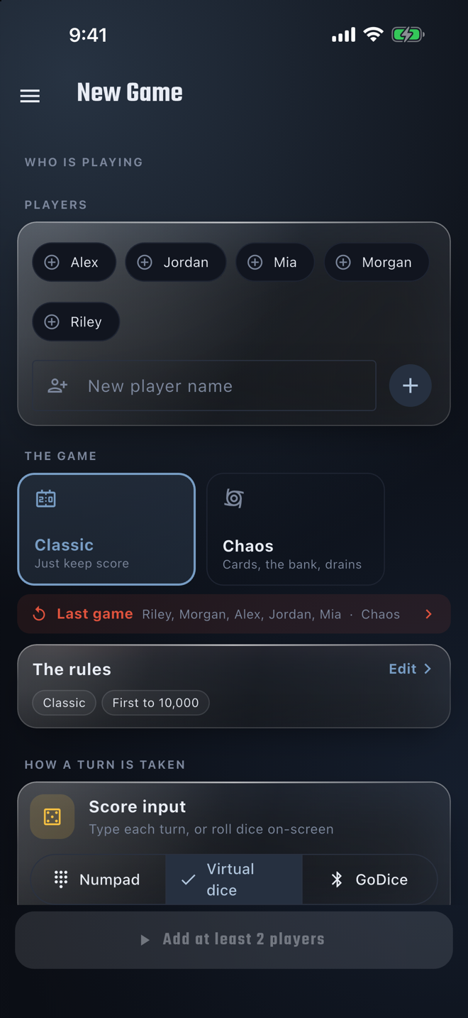 The New Game screen — players, Classic or Chaos, and how a turn is taken
