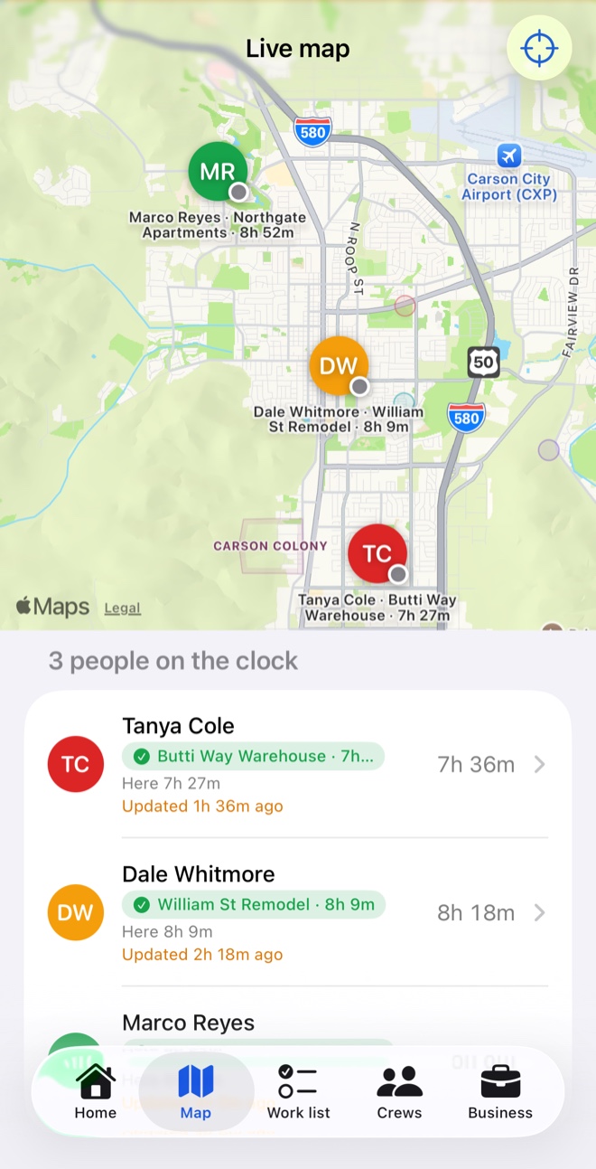 WorkPro — a live map with three crew pinned, each labelled with their job and how long they have been there
